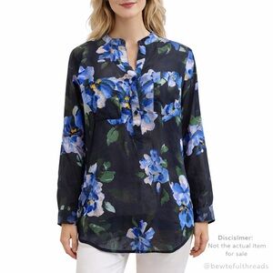 Magazine XL Navy Blue Floral Semi Sheer Tunic Blouse Oversized